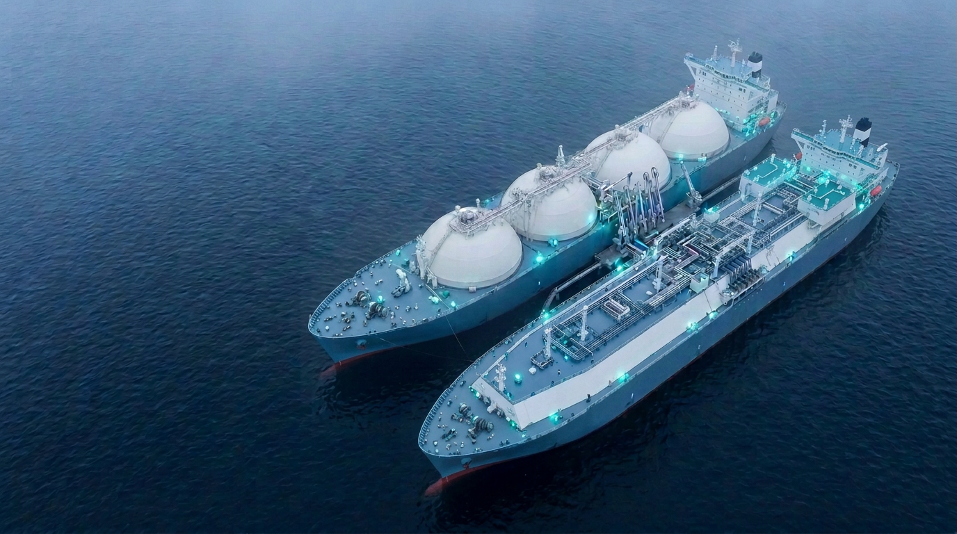 An LNG carrier alongside an offshore floating terminal at sea in overcast light